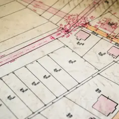 Stara mapa geodezyjna z zaznaczonymi działkami i budynkami. Widoczny numer obrębu ewidencyjnego oraz poszczególne numery parceli z ich powierzchnią.