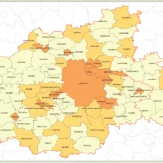 Plan zagospodarowania przestrzennego Warszawy i okolic, z zaznaczonymi gminami i ich granicami.