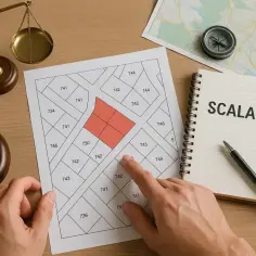 Plan działek rolnych, waga, młotek sędziowski i notatnik z napisem "SCALANIE". Zastanawiasz się, ile kosztuje scalenie działek rolnych?