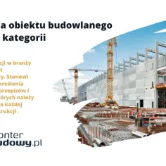 Kategoria obiektu budowlanego - podział kategorii. Budowa obiektu z betonowych elementów i zbrojenia, z dźwigami w tle.