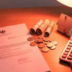 Dokument, pieniądze, monety, kalkulator i model domu na biurku.