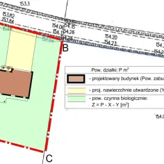 Plan działki z zaznaczonym projektowanym budynkiem i nawierzchniami, kluczowy dla decyzji o warunkach zabudowy i zagospodarowania terenu.
