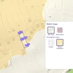 Mapa geoportalu z zaznaczoną działką budowlaną i oknem wyboru mapy.