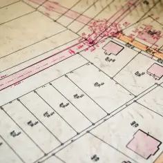 Stara mapa geodezyjna z zaznaczonymi działkami. Dowiedz się, jak znaleźć numer księgi wieczystej po numerze działki, analizując takie dokumenty.