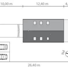 Plan działki pod Warszawą: budynek z garażem na dwa samochody, wymiary 26,40 m x 16,90 m.