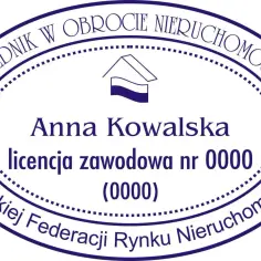 Pieczątka pośrednika nieruchomości Anny Kowalskiej z numerem licencji 0000. Dowód, jak sprawdzić licencję pośrednika nieruchomości.