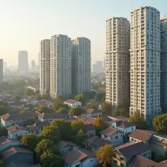Widok na osiedle z niską zabudową i wysokimi blokami w tle. Zastanawiasz się, ile kosztuje mieszkanie komunalne w takim miejscu?
