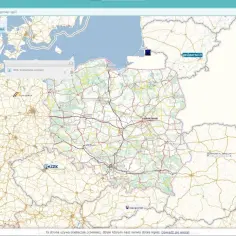Mapa Polski z zaznaczonymi miastami, drogami i warstwami informacyjnymi. Widać panel boczny z opcjami geoportal powiat włocławski.