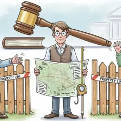 Spór o działkę. Geodeta z mapą i miarką między dwoma rozwścieczonymi sąsiadami. Sądowy młotek i księga sugerują proces. Ile kosztuje wymierzenie działki przez geodetę?
