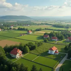 Malowniczy krajobraz z domami i polami. Zastanawiasz się, ile kosztuje działka budowlana w Polsce?