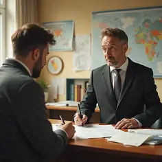 Dwóch mężczyzn w garniturach przy biurku podpisuje dokumenty. Jeden z nich wyjaśnia, jak znaleźć właściciela działki.