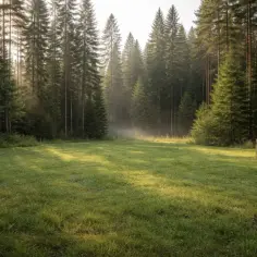 Wczesny poranek w lesie. Słońce przebija się przez drzewa, oświetlając polanę z zaznaczonymi granicami. Czy las można przekształcić na działkę budowlaną?