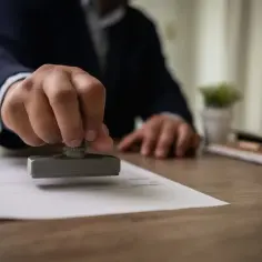 Dłoń notariusza stempluje dokument. Zastanawiasz się, ile kosztuje notariusz przy darowiznie?