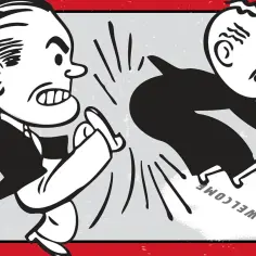Zdecydowany mężczyzna kopie drugiego, który spada na wycieraczkę z napisem "WELCOME". Ilustracja pokazuje, jak pozbyć się z domu osoby niezameldowanej.