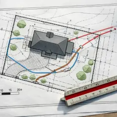 Kto robi projekt zagospodarowania działki? Architekt krajobrazu tworzy plan domu z drogą dojazdową, zielenią i instalacjami.