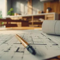 Plany architektoniczne i zwój z projektem, gotowe do obliczenia powierzchni całkowitej budynku. Długopis leży na szkicach.