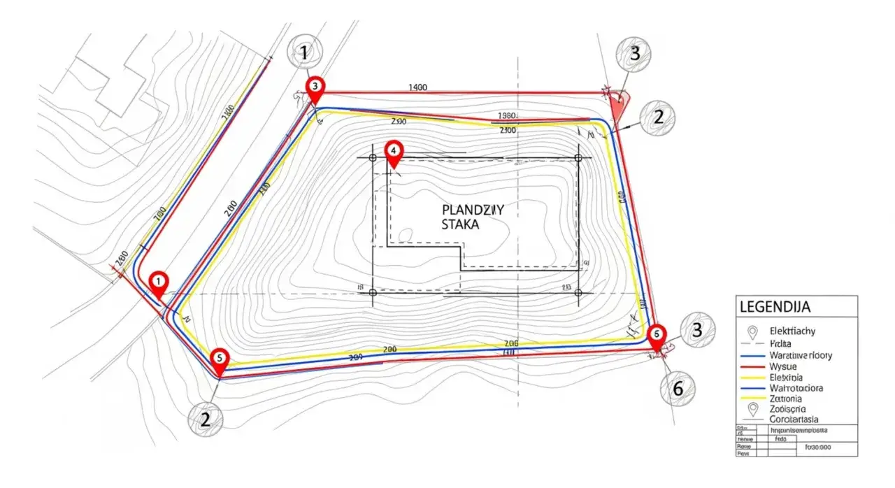 Plan geodezyjny z zaznaczonymi punktami i liniami. Określa, ile kosztuje wymierzenie działki przez geodetę, uwzględniając różne elementy terenu.