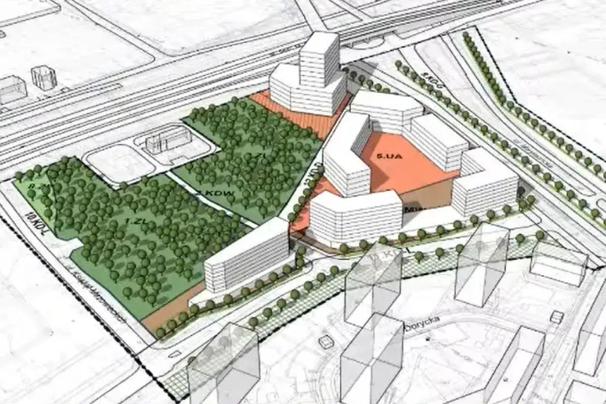 Wizualizacja planu zagospodarowania przestrzennego Warszawa: nowoczesne budynki mieszkalne i usługowe otoczone zielenią, z widokiem na infrastrukturę drogową.