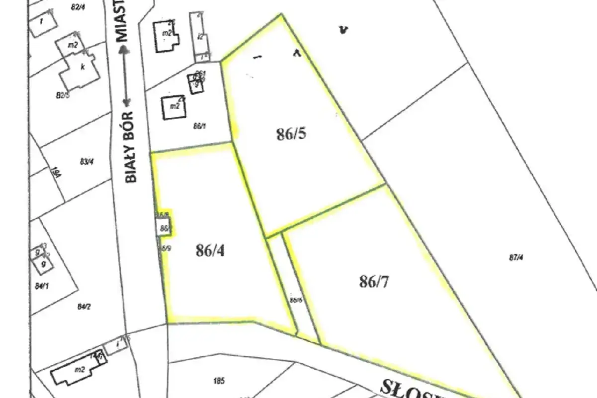 Mapa ewidencyjna z zaznaczonymi działkami 86/4, 86/5, 86/7. Gdzie szukać działek na sprzedaż? Sprawdź mapy!