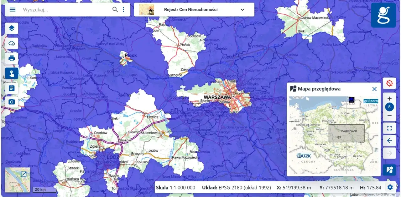 Mapa Polski z zaznaczonymi obszarami, prezentująca rejestr cen i wartości nieruchomości. Widoczne miasta: Warszawa, Łódź, Płock.