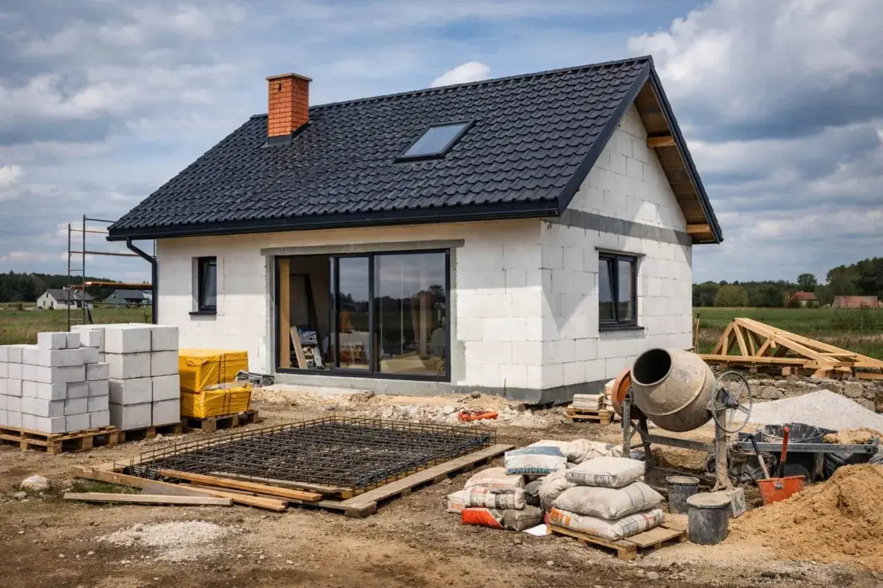 Budowa domu w toku. Beton, bloczki i zbrojenie czekają na fundament. Zastanawiasz się, ile kosztuje wyrównanie terenu pod budowę?