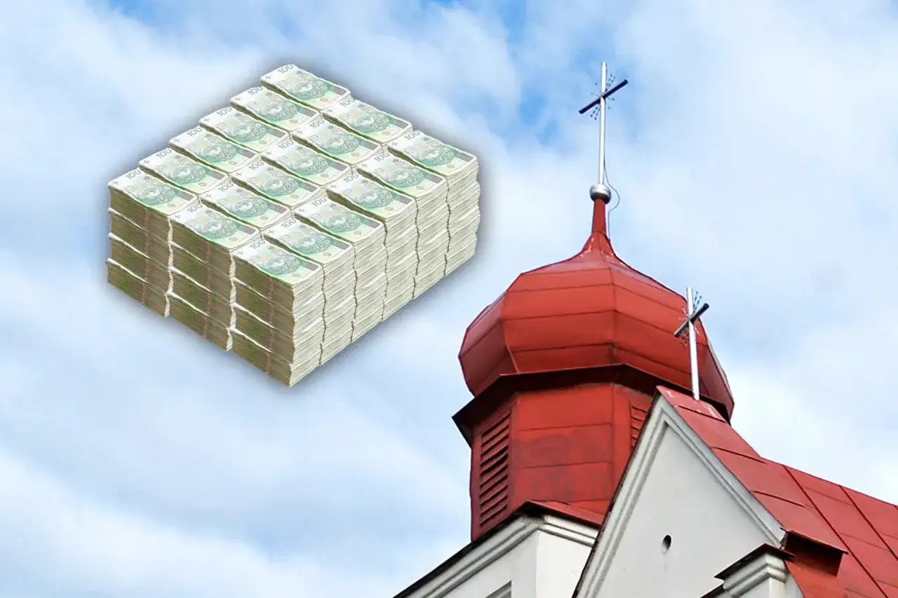 Góra kościoła z krzyżem i stosy banknotów 100 zł. Czy kościół płaci podatek od gruntu?