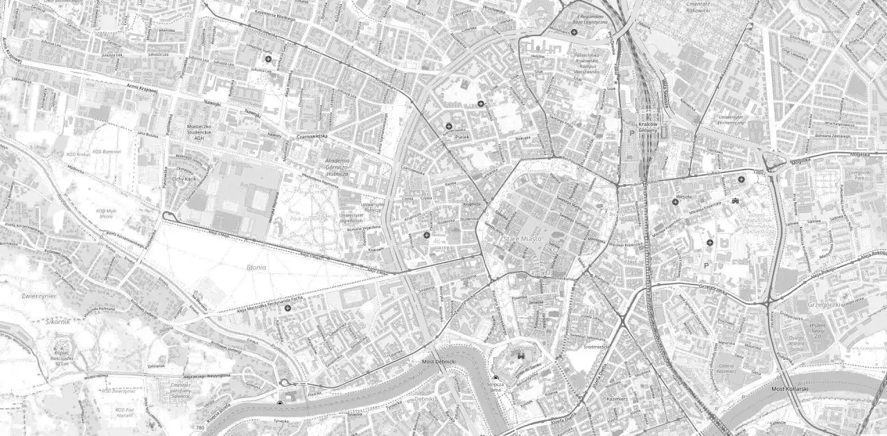 Mapa Krakowa z zaznaczonymi ulicami i budynkami. Można tu znaleźć informacje, jak znaleźć kw po numerze działki, korzystając z widocznych nazw ulic i obiektów.
