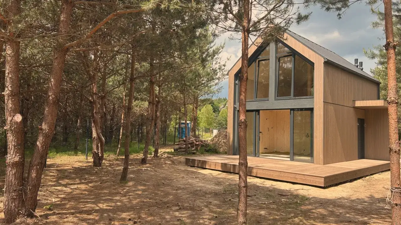 Nowy domek na działce rekreacyjnej w lesie. Drewniana elewacja, duże okna i taras.