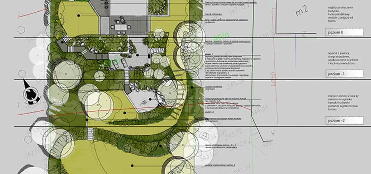 Kto robi projekt zagospodarowania działki? Plan pokazuje teren z drzewami, tarasem i elementami małej architektury, z opisami poziomów terenu.