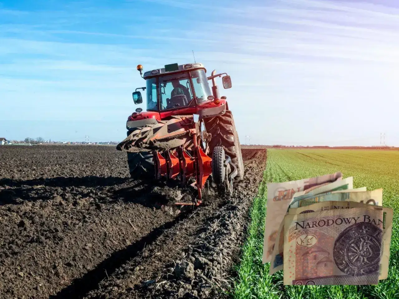 Czerwony traktor orze pole. Obok leżą polskie banknoty, symbolizujące kto płaci podatek rolny po śmierci właściciela.