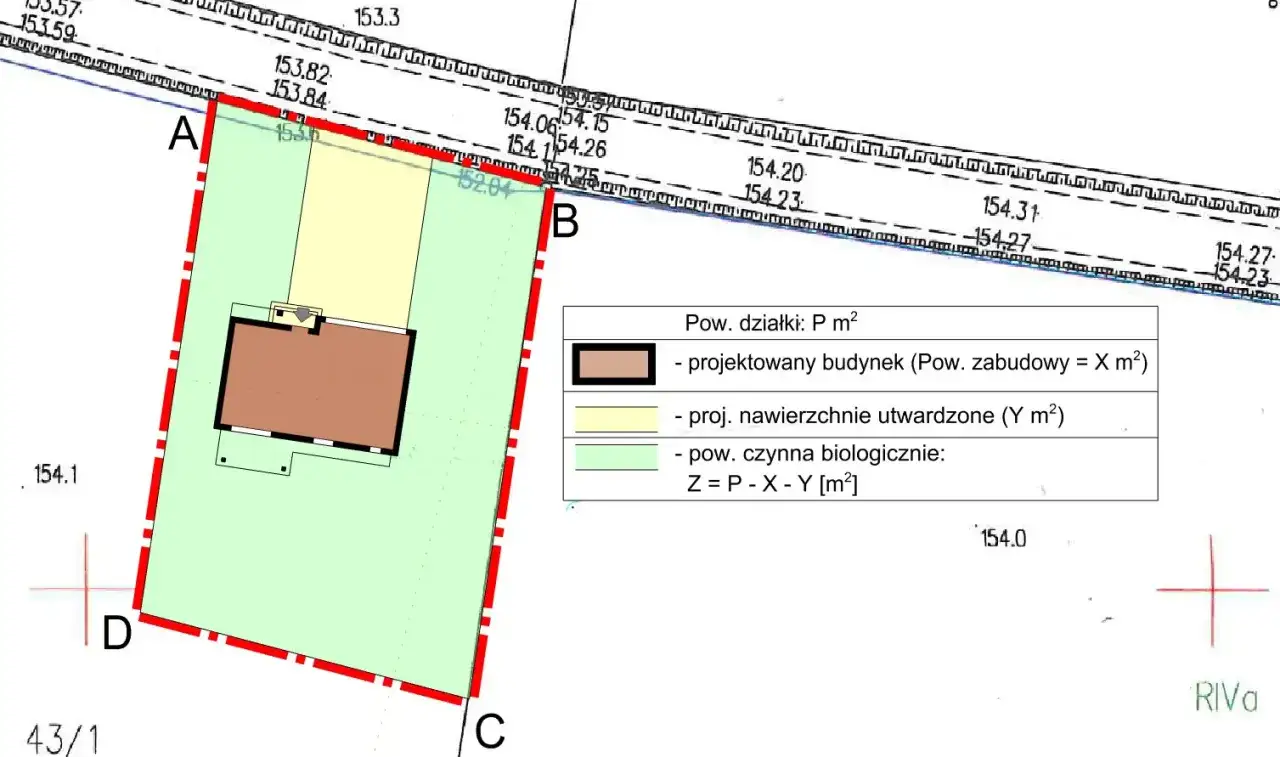 Plan działki z zaznaczonym projektowanym budynkiem i nawierzchniami utwardzonymi, przedstawiający przykładowe warunki zabudowy.