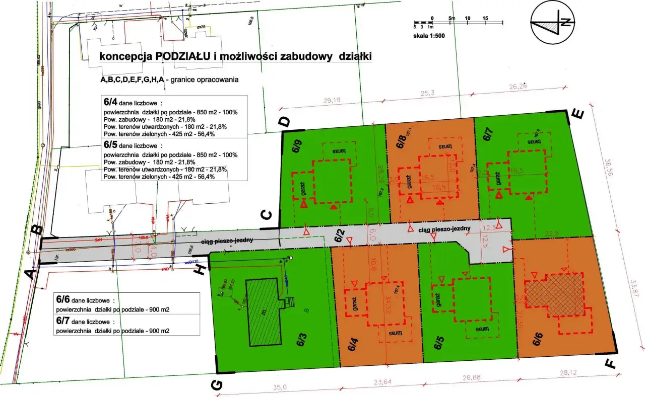Kto robi projekt zagospodarowania działki? Na mapie widać podział działek z oznaczeniami powierzchni, zabudowy, terenów utwardzonych i zielonych.