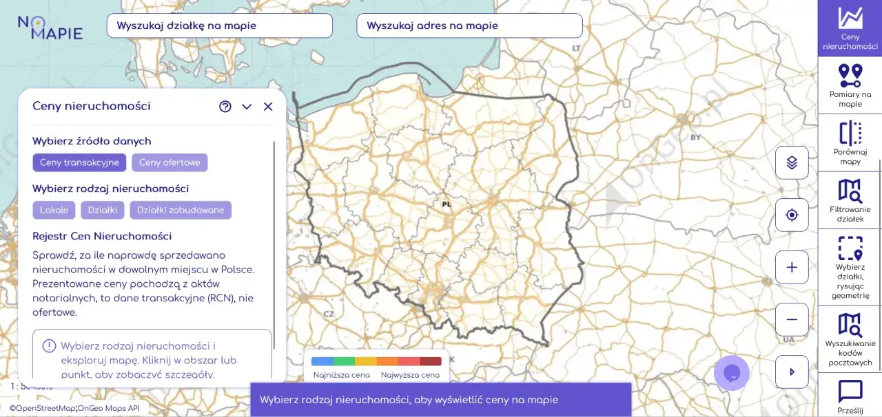 Jak sprawdzić wartość działki? Na mapie Polski widzimy ceny nieruchomości. Wybierz rodzaj nieruchomości, aby wyświetlić ceny na mapie.