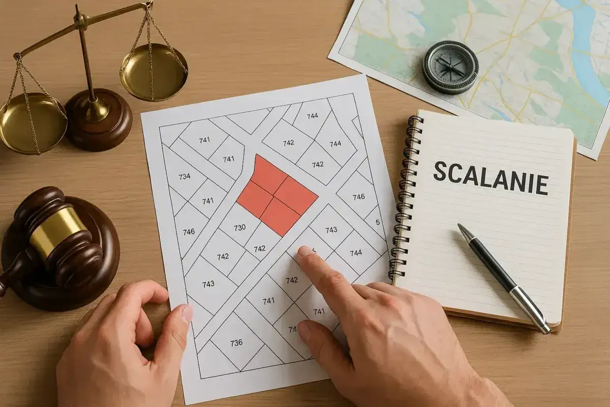 Plan działek rolnych, waga, młotek sędziowski i notatnik z napisem