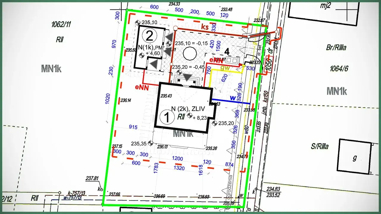 Plan sytuacyjny z zaznaczonymi budynkami i granicami działek, pomocny, gdy chcesz sprawdzić status działki.