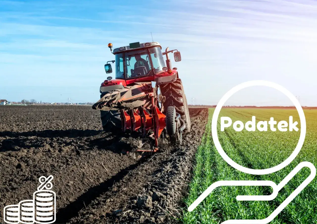 Czerwony traktor orze pole. Obok ikony monet i procentów widnieje napis