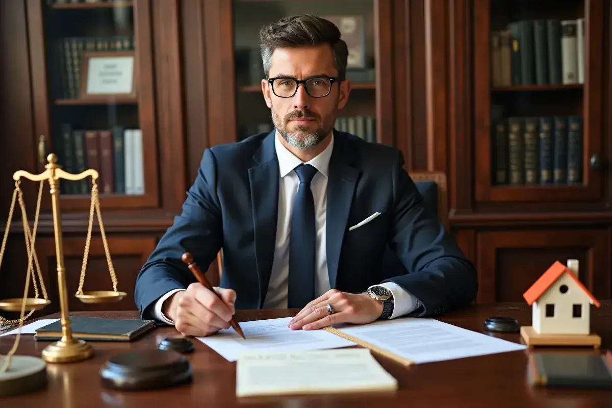 Prawnik w gabinecie, przy biurku z wagą sprawiedliwości i modelem domu, podpisuje dokumenty. Dowiedz się, ile kosztuje przepisanie domu i działki u notariusza.