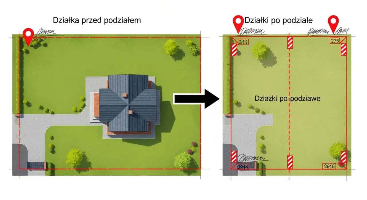 Podział działki przez geodetę. Ilustracja pokazuje działkę przed i po podziale, z zaznaczonymi granicami i numerami działek.