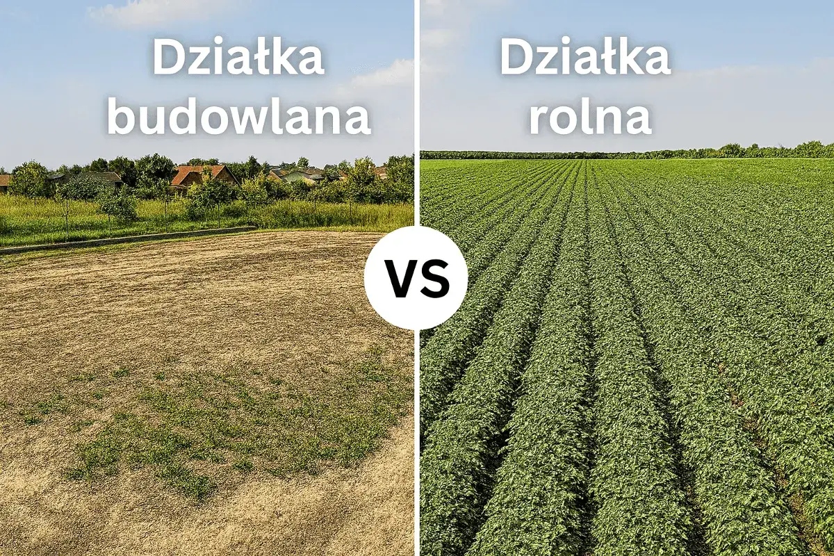 Działka budowlana z domami w tle kontra rozległa działka rolna z rzędami zielonych roślin.