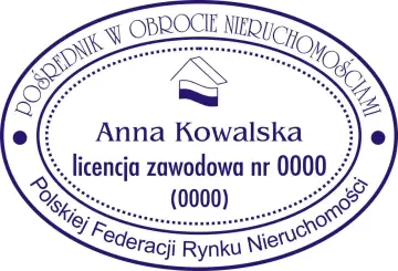 Pieczątka pośrednika nieruchomości Anny Kowalskiej z numerem licencji 0000. Dowód, jak sprawdzić licencję pośrednika nieruchomości.