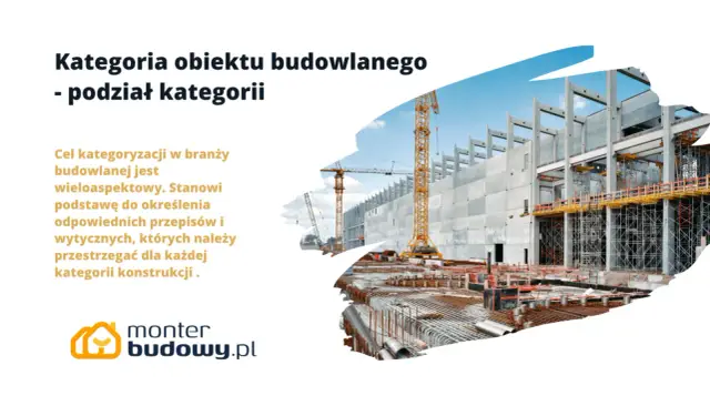 Kategoria obiektu budowlanego - podział kategorii. Budowa obiektu z betonowych elementów i zbrojenia, z dźwigami w tle.