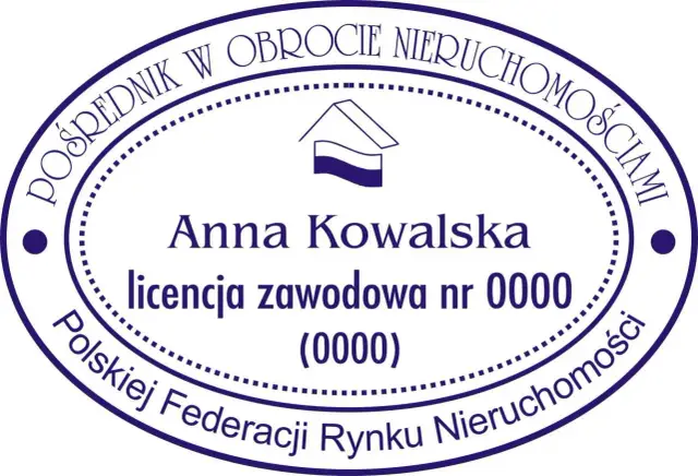 Pieczątka pośrednika nieruchomości Anny Kowalskiej z numerem licencji 0000. Dowód, jak sprawdzić licencję pośrednika nieruchomości.