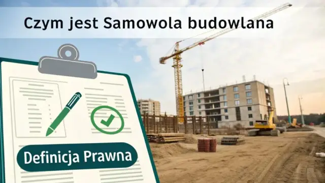 Tablica z tekstem "Czym jest Samowola budowlana" i "Definicja Prawna" na tle placu budowy z dźwigiem i budynkiem. Samowola budowlana kary są poważne.