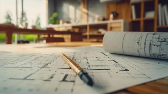 Plany architektoniczne i zwój z projektem, gotowe do obliczenia powierzchni całkowitej budynku. Długopis leży na szkicach.